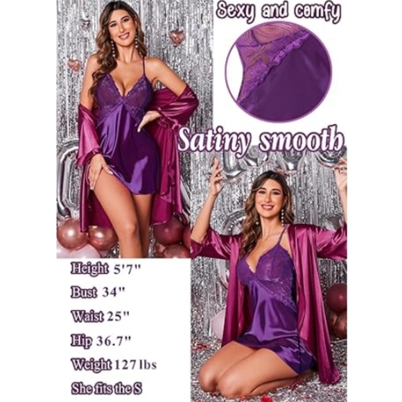 Avidlov Lingerie VNeck Nightwear Satin Lace Chemise Mini Teddy Purple Nighty - Picture 3 of 6